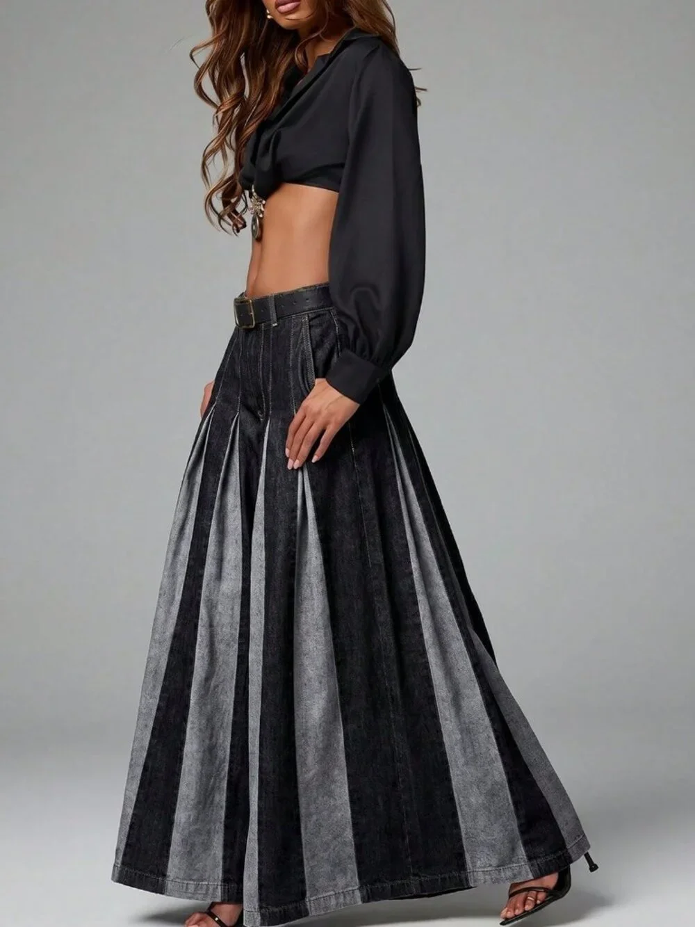 Black Casual Women's  Two Tone Color Block Wide Leg Flowy Baggy Denim Jeans